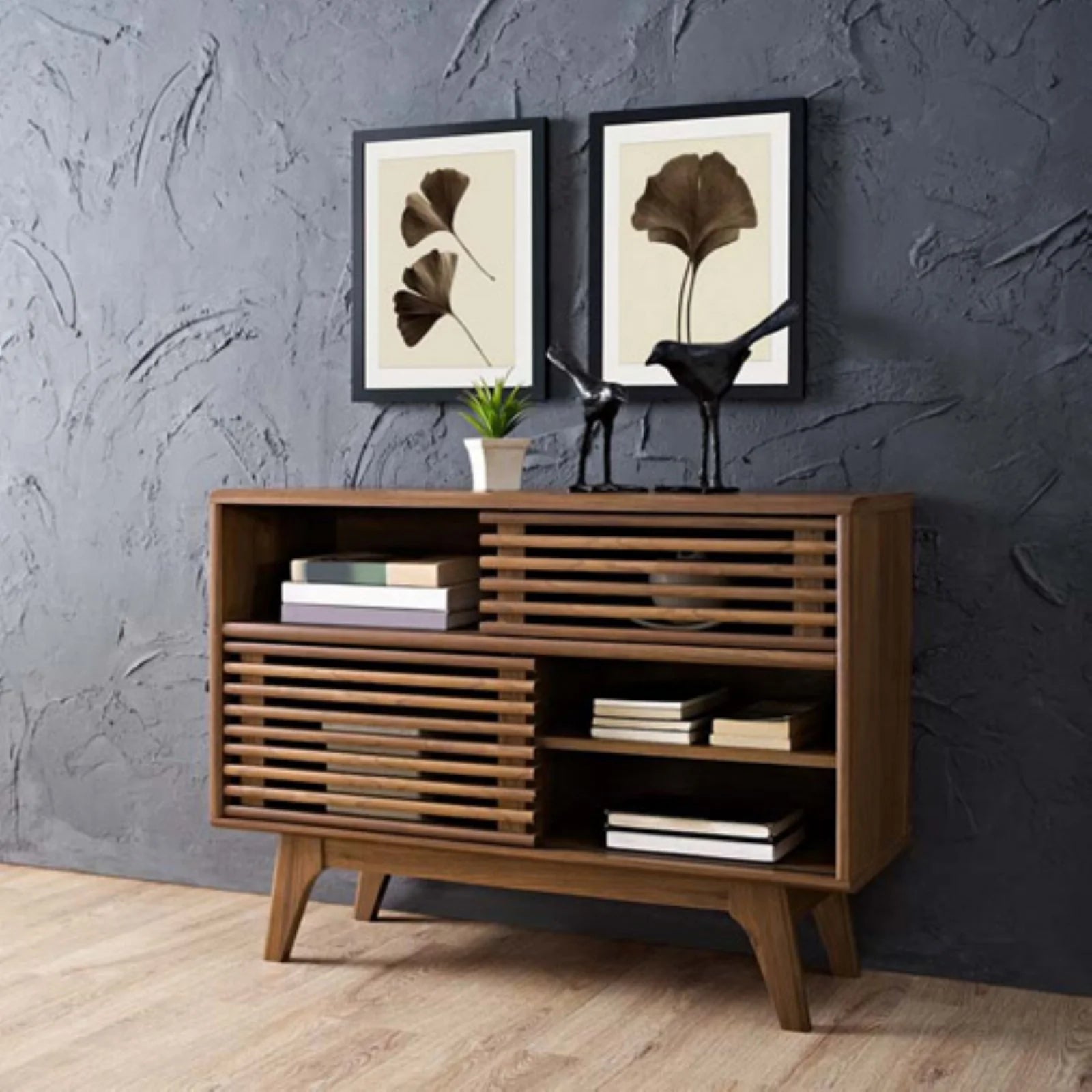 Render Modern Style Particleboard Wood Display Stand in Walnut