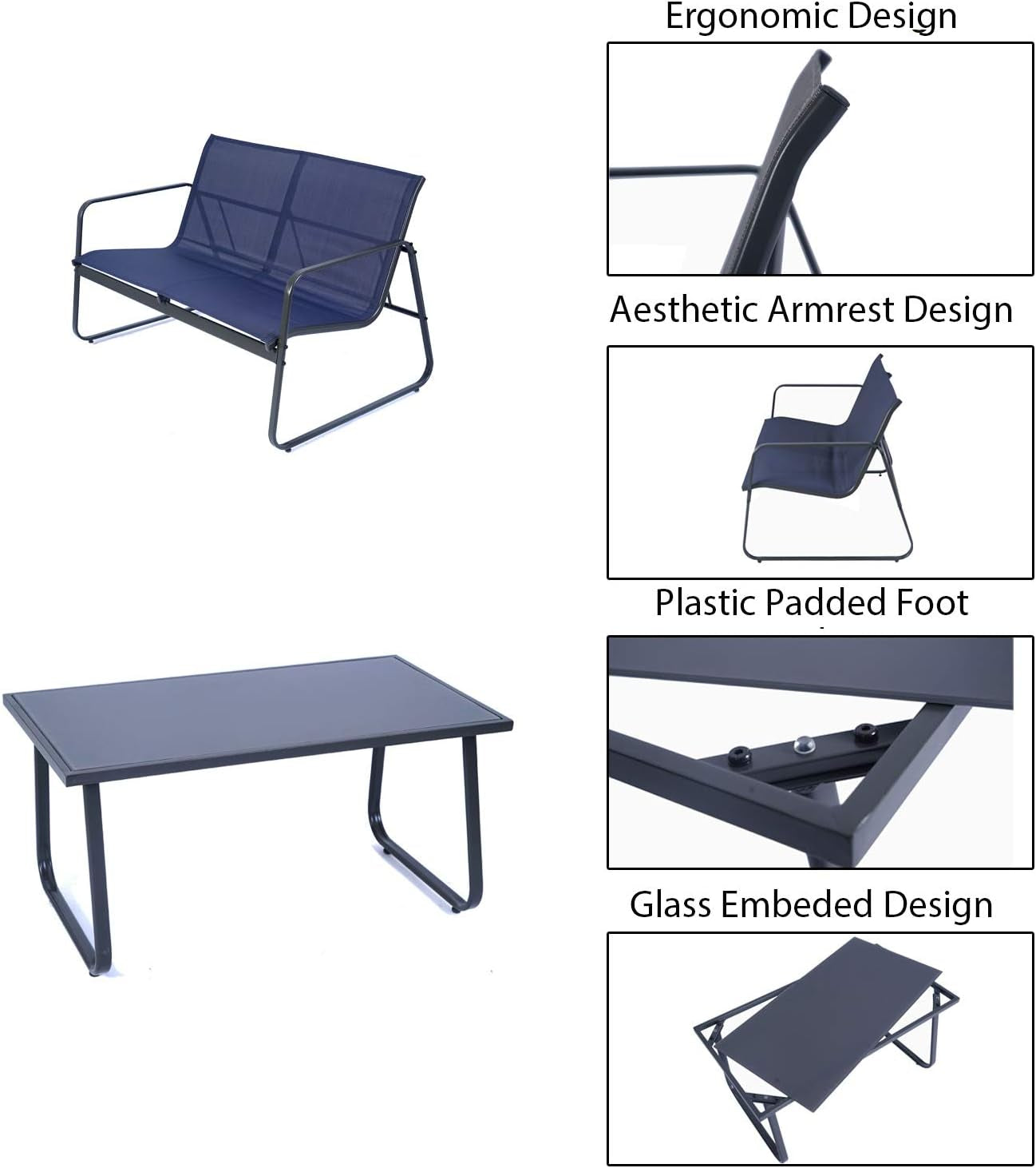 Sofia 4 Pieces Patio/Outdoor Conversation Set with Strong Powder Coated Metal Frame, Breathable Textilence, Includes One Love Seat, Two Chairs and One Table (Navy Blue)