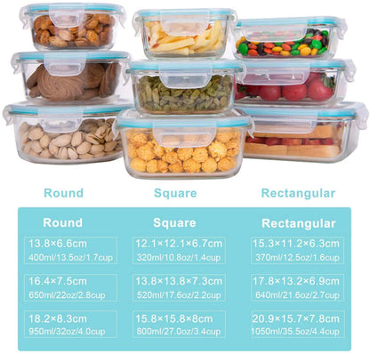 Glass Food Storage Containers with Lids, Glass Meal Prep Containers,Bpa Free (9 Lids & 9 Containers)