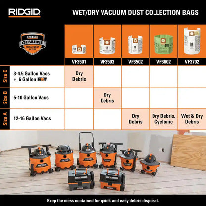 High-Efficiency Wet/Dry Vac Dry Pick-Up Only Dust Bags for Select 12 to 16 Gallon  Shop Vacuums, Size a (6-Pack)