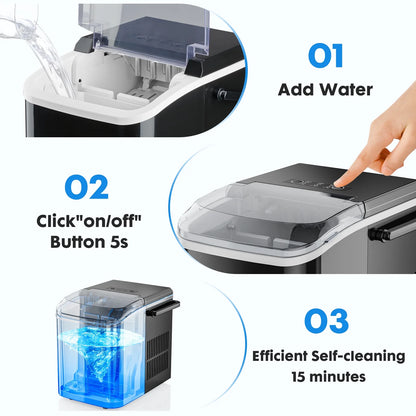 Countertop Ice Maker, Self-Cleaning Portable Ice Maker Machine with Handle and Ice Scoop 9Pcs/6Min 26.5Lbs/24H Black