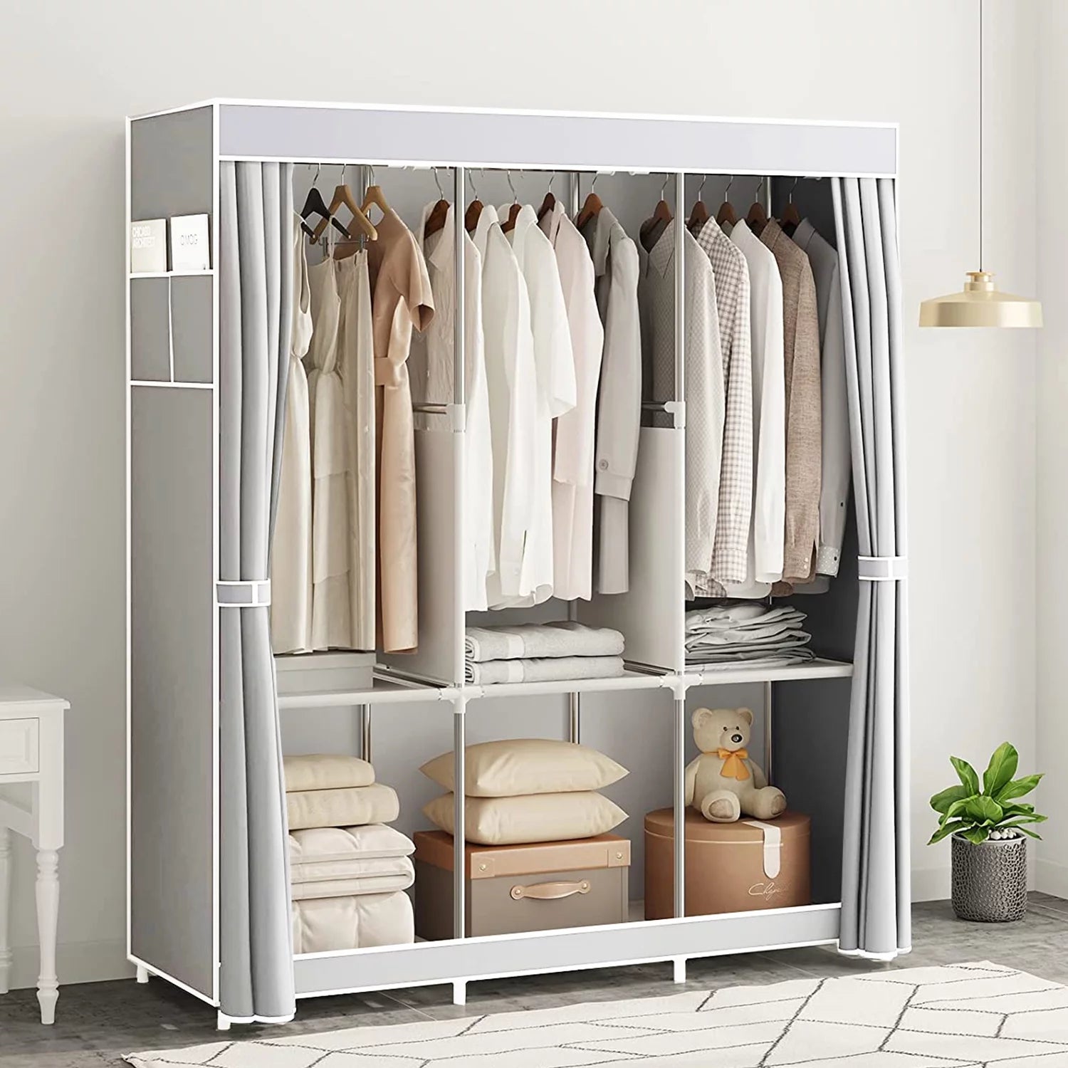 Portable Closet,Portable Wardrobe Closet Storage with 3 Hanging Rods,6 Storage Shelves,Side Pocket for Clothes Storage Organizer,Gray