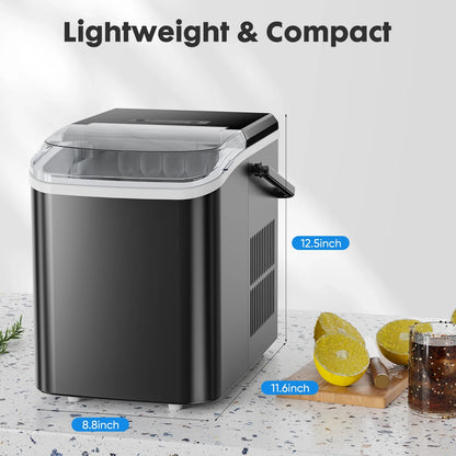 Countertop Ice Maker, Self-Cleaning Portable Ice Maker Machine with Handle and Ice Scoop 9Pcs/6Min 26.5Lbs/24H Black