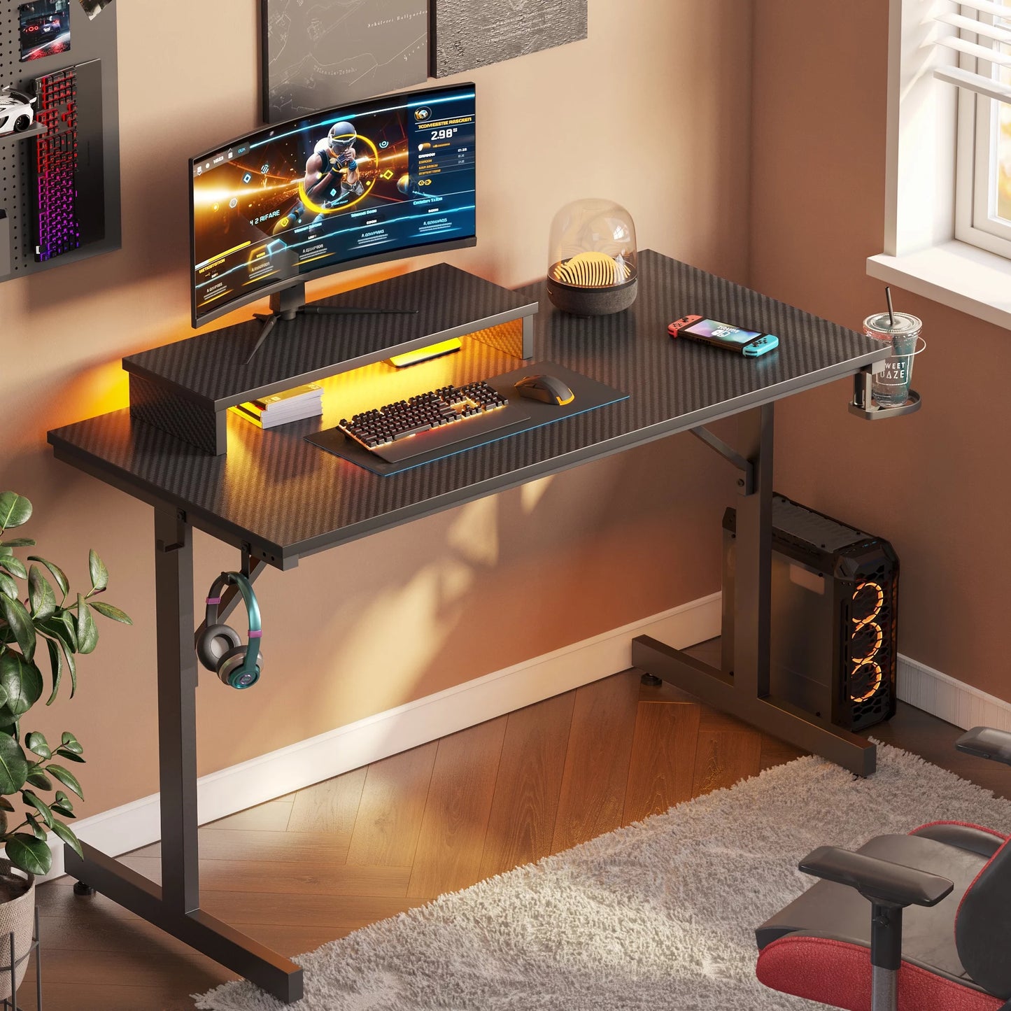 42" Gaming Desk PC Computer Office Gamer Table Desk with LED Lights & Monitor Stand in Red