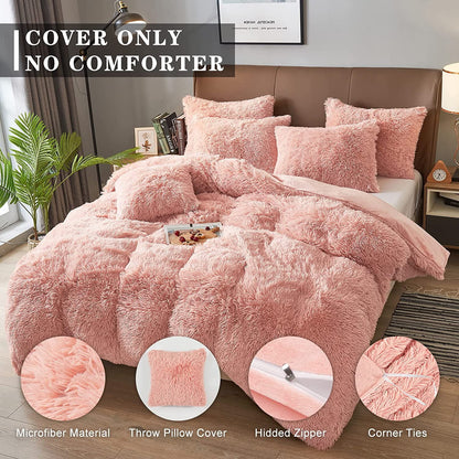 Luxury Fluffy Fuzzy King Bedding Comforter Set?4 Pieces Shaggy Duvet Cover Set?Furry Plush Velvet Comforter Cover with Zip Closure?King?Pink